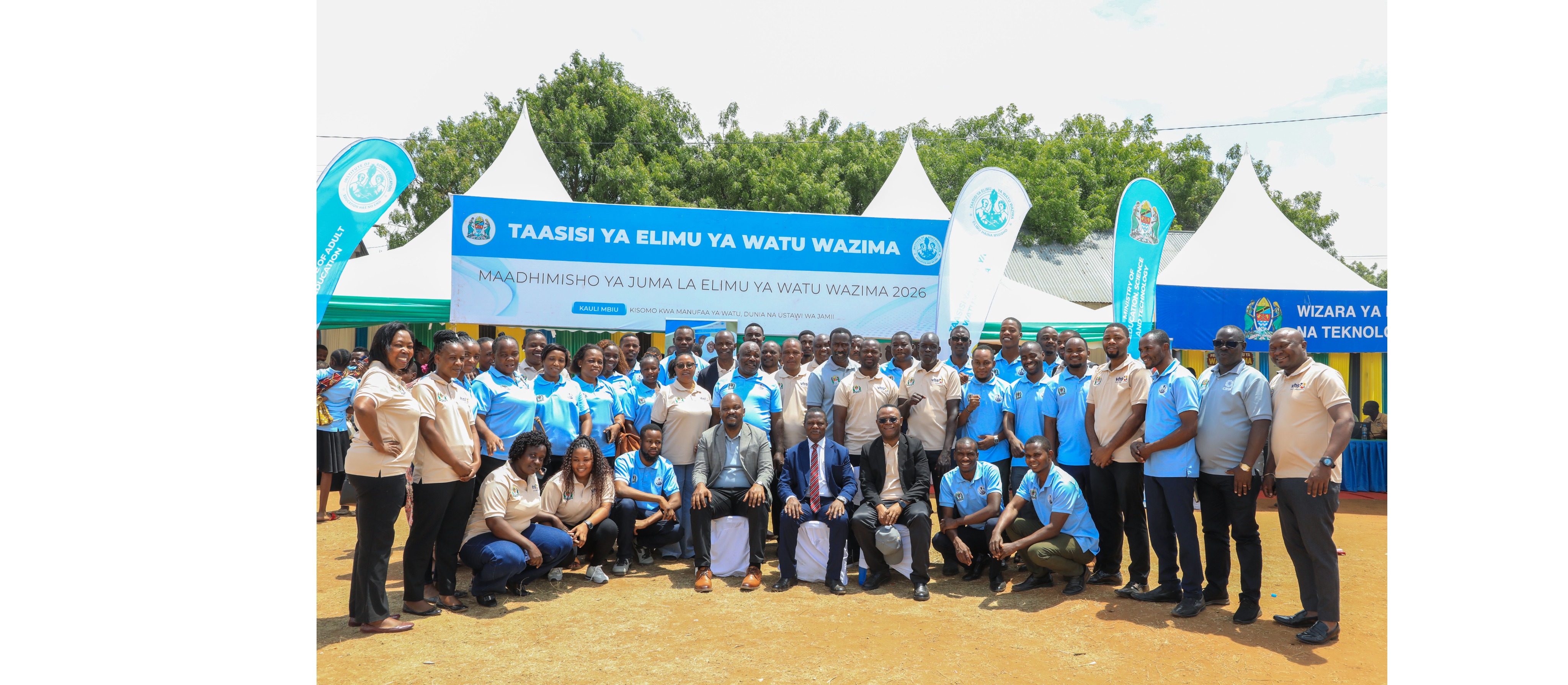 Mkuu wa Taasisi ya Elimu ya Watu Wazima (TEWW), Prof. Philipo Sanga, akiwa katika picha ya pamoja na watumishi wa Taasisi hiyo mara baada ya kuhitimis...